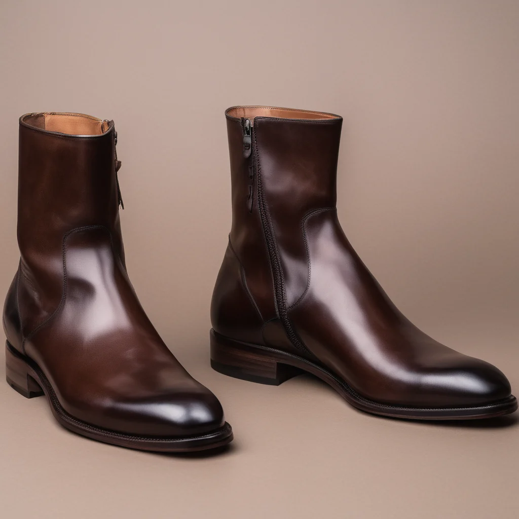 Valente" Dark Brown Leather Slip On Zipper Boots for Men