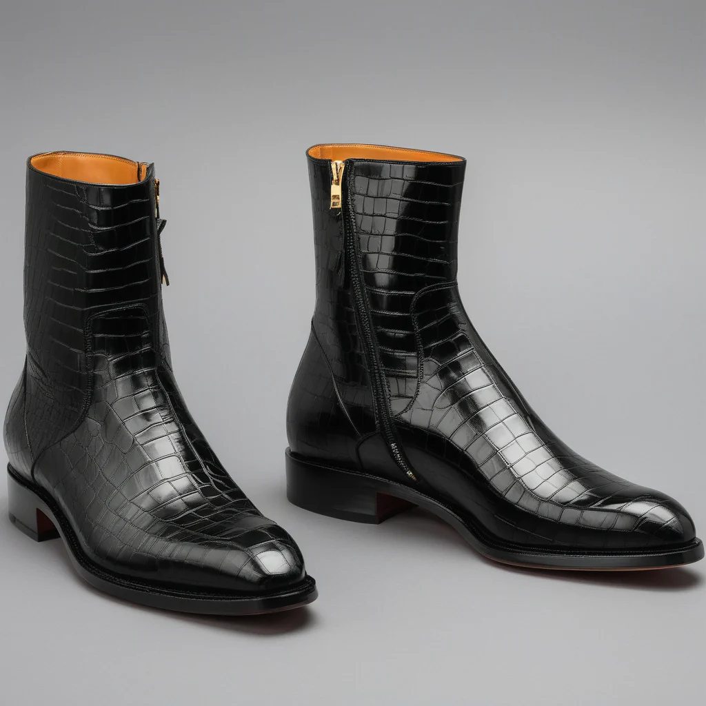 Valente" Black Patent Croco Leather Slip On Zipper Boots for Men