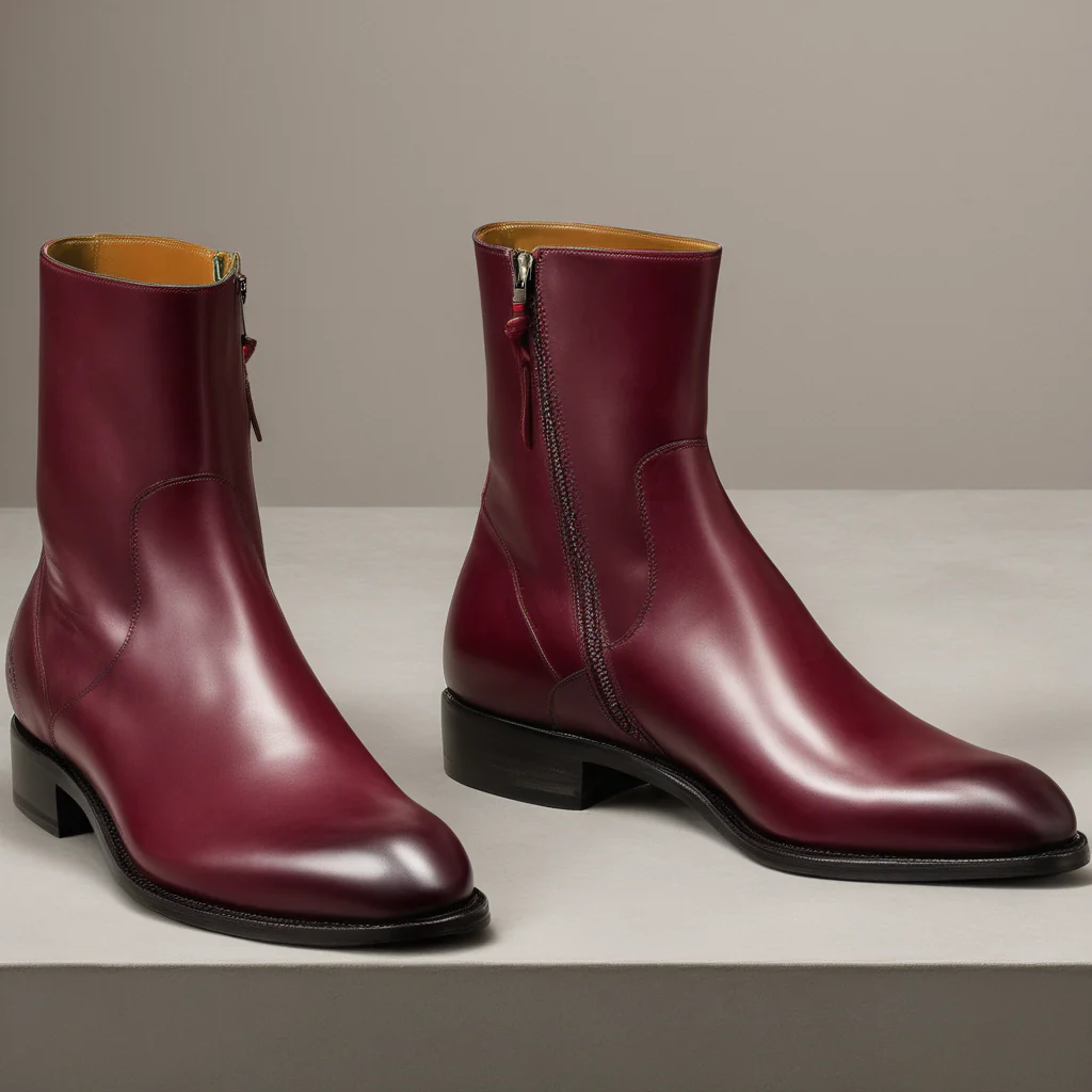 Valente" Wine Printed Leather Slip On Zipper Boots for Men