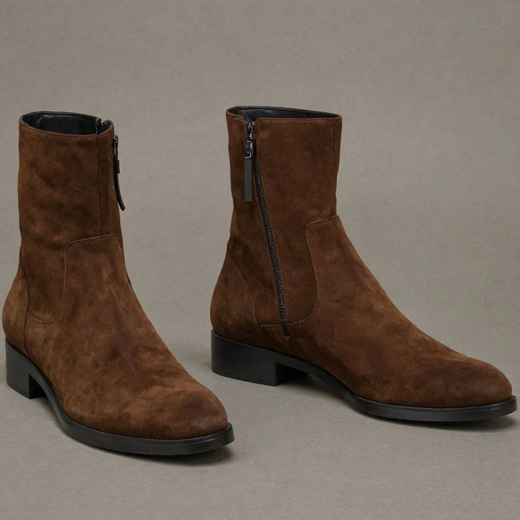 Valente" Brown Suede Leather Slip On Zipper Boots for Men