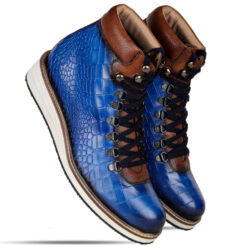Noa blue textured hiker style laceup boots with croco pattern upper