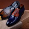 Blue Goodyear Welted Oxford Shoes with gold metal toe and horseshoe heel