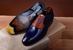 Blue Goodyear Welted Oxford Shoes with gold metal toe and horseshoe heel