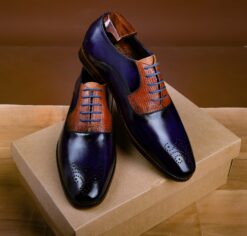 Blue Goodyear Welted Oxford Shoes with gold metal toe and horseshoe heel