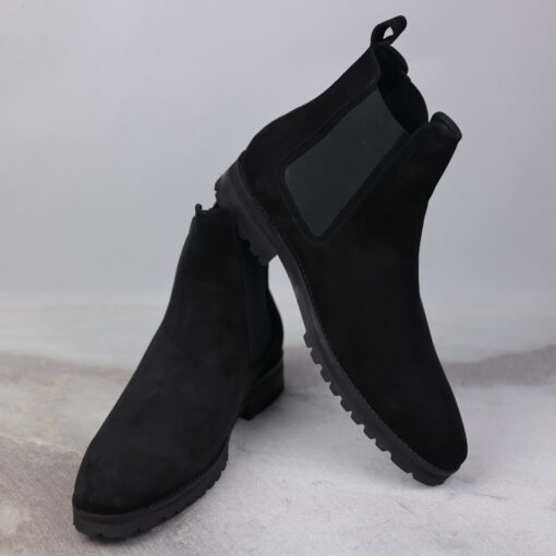 Nightshade Noir black suede Chelsea boot with commando sole, ideal for casual outings, hiking, and biking.