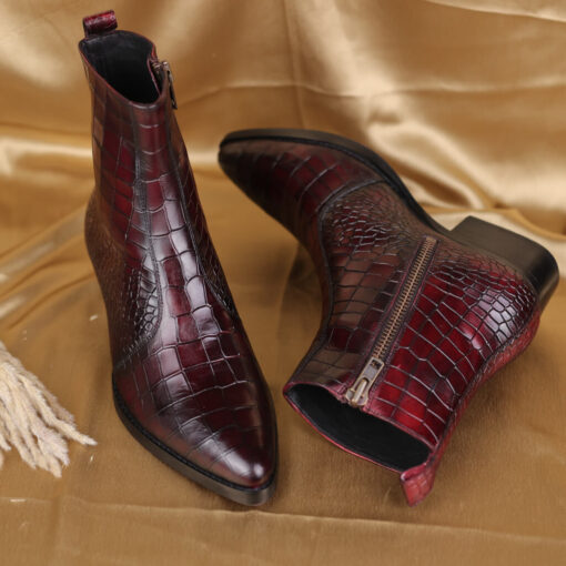 Wine-colored cowboy boot with crocodile skin print leather, Italian sole, and Made in India craftsmanship by Mille Dollari.