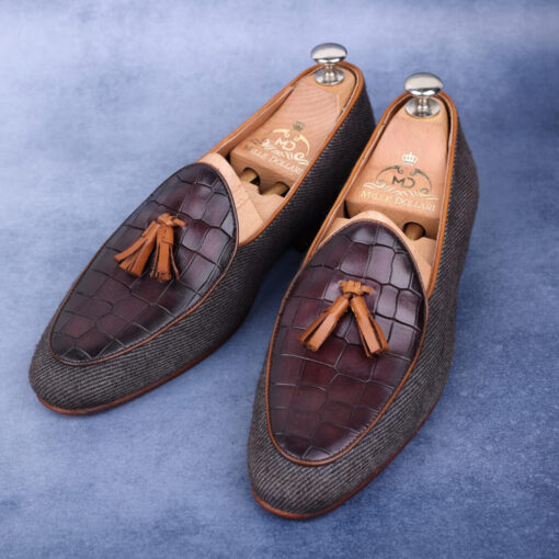 Verve Tassel loafer with brown crocodile texture leather and canvas upper, Italian leather sole, versatile for casual, evening, or party wear.