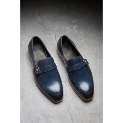 Oceano Goodyear Welted Navy Strap Loafer featuring premium navy leather, elegant strap design, and Goodyear welt construction for men.