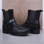 Black Viper Croc-Embossed Leather Boots with Rugged Rubber Sole