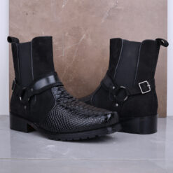 Black croc-patterned leather boots for men with a durable rubber sole and side zipper.