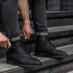 Black Matte Goodyear Welt Boots with Kevlar® Laces, Cork-Bed Midsoles, and Studded Rubber Outsoles