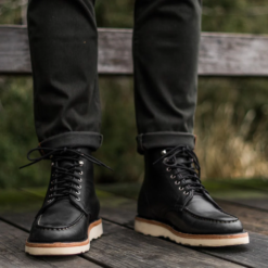 Onyx Ridge Moc Toe black leather boots with Vibram sole, hand-stitched moccasin toe design, and cork midsole for comfort.