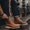 Harvest Dusk Moc Toe leather boots with Vibram sole, hand-stitched moccasin toe design, rustic harvest-toned leather upper, and cork midsole for comfort.