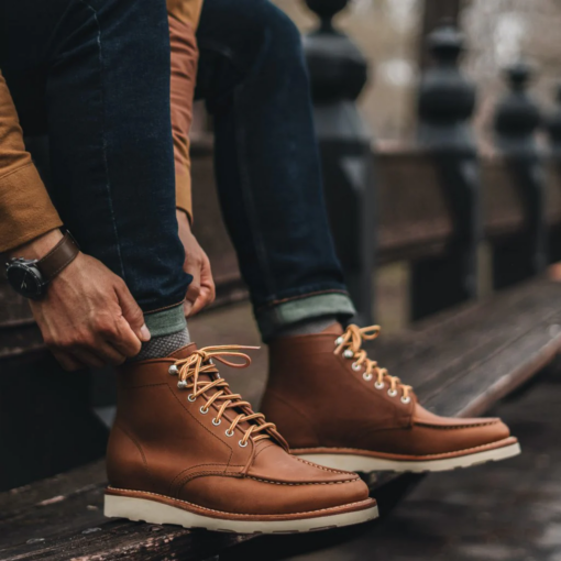 Harvest Dusk Moc Toe leather boots with Vibram sole, hand-stitched moccasin toe design, rustic harvest-toned leather upper, and cork midsole for comfort.