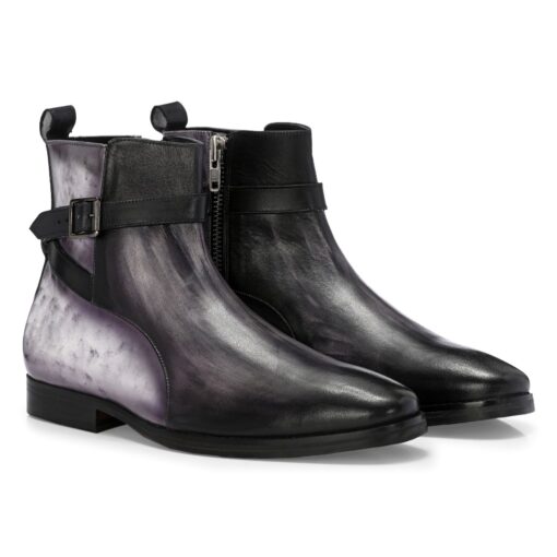 Obsidian Stride Boots with a Distinctive Grey and Black Patina Finish, Blending Modern Style with Bold Craftsmanship for a Striking Look