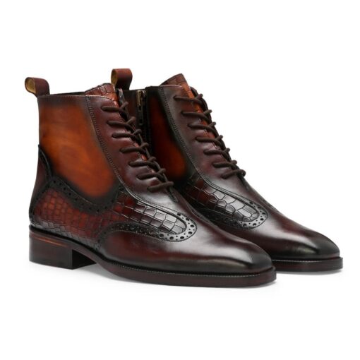 Chestnut brown lace-up boots with a sleek zipper design, combining classic style with modern functionality for a sophisticated look. Perfect for casual and formal wear.