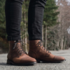 Obsidian Trail matte Tobacco leather boots with Dainite sole, Goodyear welt construction, glove leather interior, and reinforced eyelets.