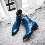 Blue Leather Fiorina Slip On Zipper Pointed Boots for Men - AW25