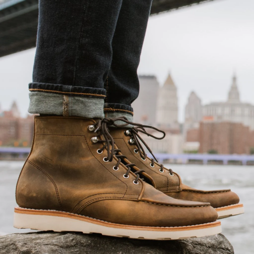 Blaze Horizon Burnt Copper moc toe leather boots with Vibram sole, hand-stitched detailing, rich burnt copper leather upper, and cork midsole for comfort.