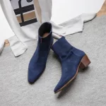 Navy Blue Suede Leather Fiorina Slip On Zipper Pointed Boots for Men - AW25