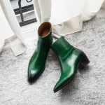 Green Leather Fiorina Slip On Zipper Pointed Boots for Men - AW25