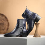 Midnight Blue Croc-Embossed Cowboy Boots with Harness Detailing