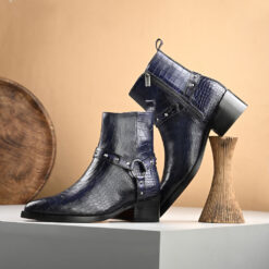 Men’s midnight blue croc-embossed cowboy boots with harness detailing, perfect for parties and formal occasions