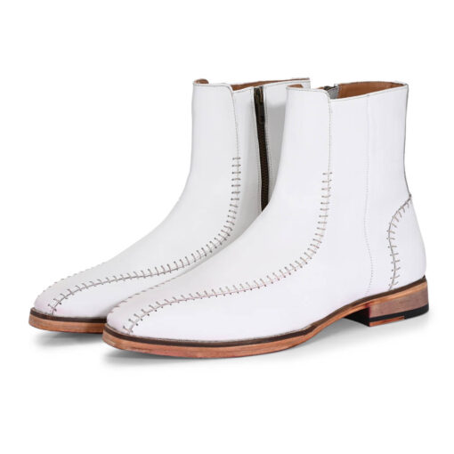 Exquisite Handcrafted White Leather Boots with Intricate Stitching - Image 3